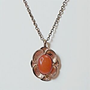 Vintage Liz Claiborne Necklace – Orange Cabochon Pendant, Signed 1975
